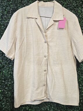 Vintage Beige and White Striped Casual Button-Down Shirt